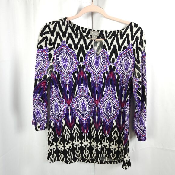 Chico's Travelers 1 Womens 8 Purple Paisley 3/4 Sleeve Keyhole Tunic Blouse - Picture 1 of 7